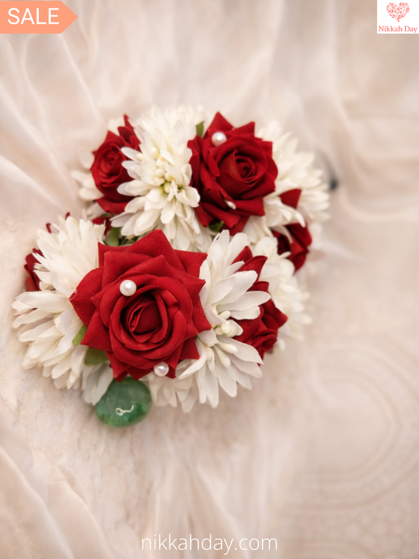 Red & White Floral Bridal Corsage Set – Mehndi & Wedding Wrist Jewelry