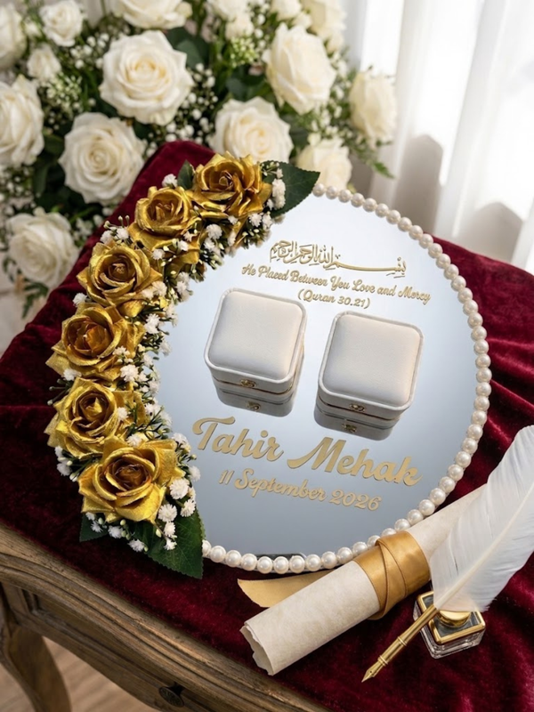 Personalized Golden Floral Mirror Ring Tray