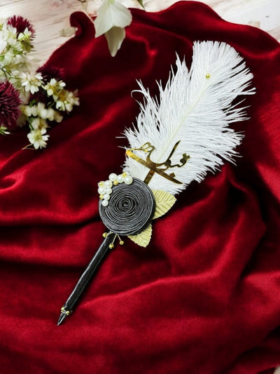 Black Ribbon Flower and Golden petals With Ostrich Fur Pen