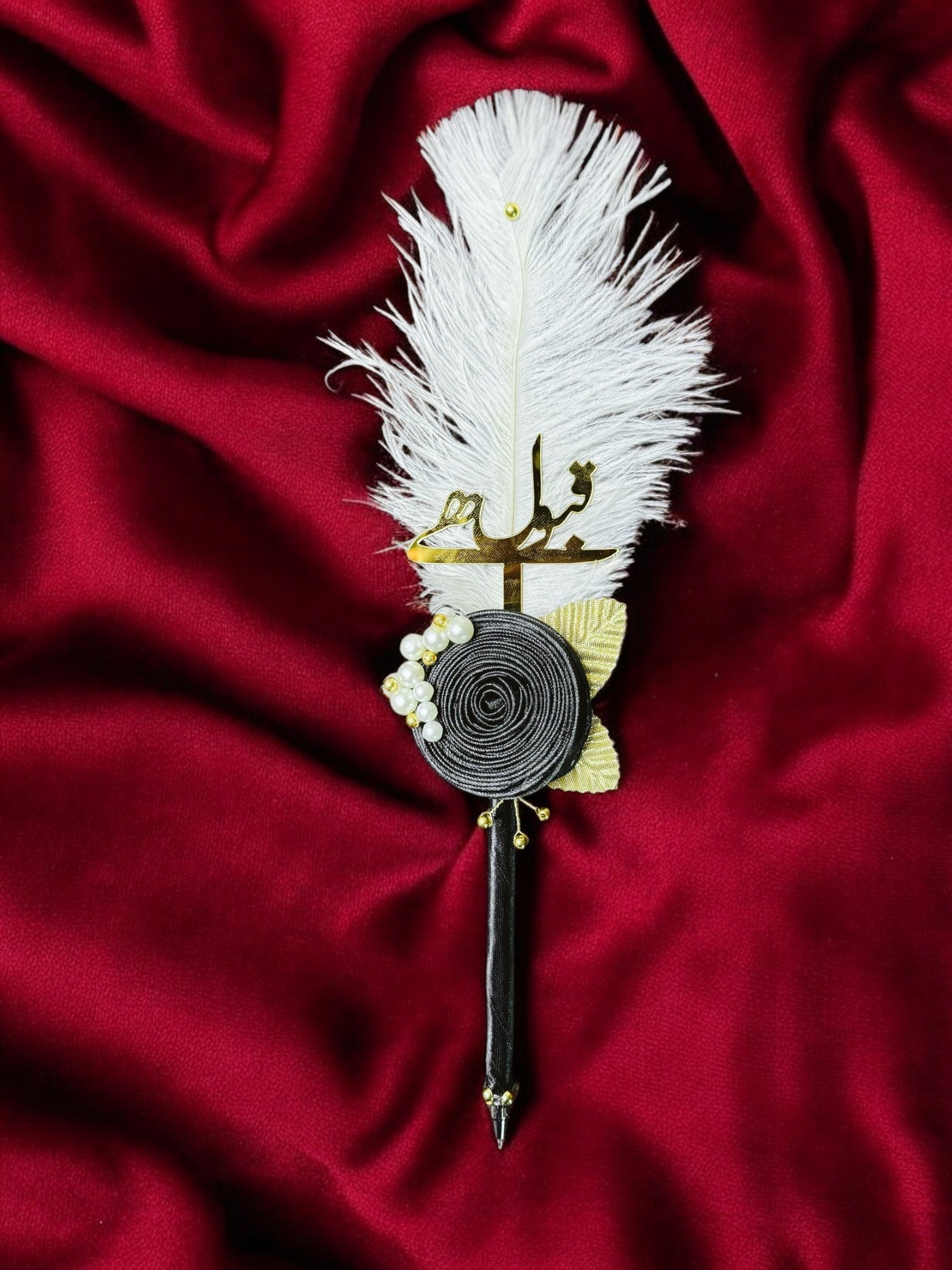 Black Ribbon Flower and Golden petals With Ostrich Fur Pen Nikkahday