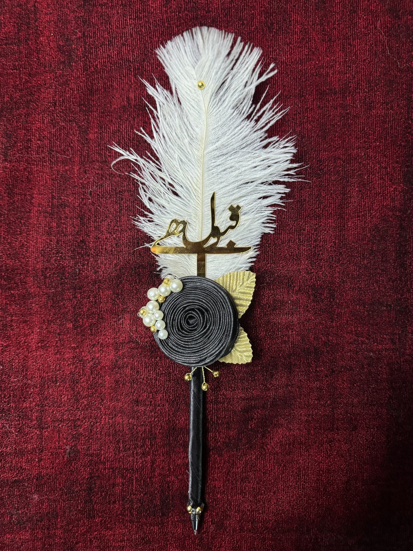 Black Ribbon Flower and Golden petals With Ostrich Fur Pen on grass Nikkahday 02
