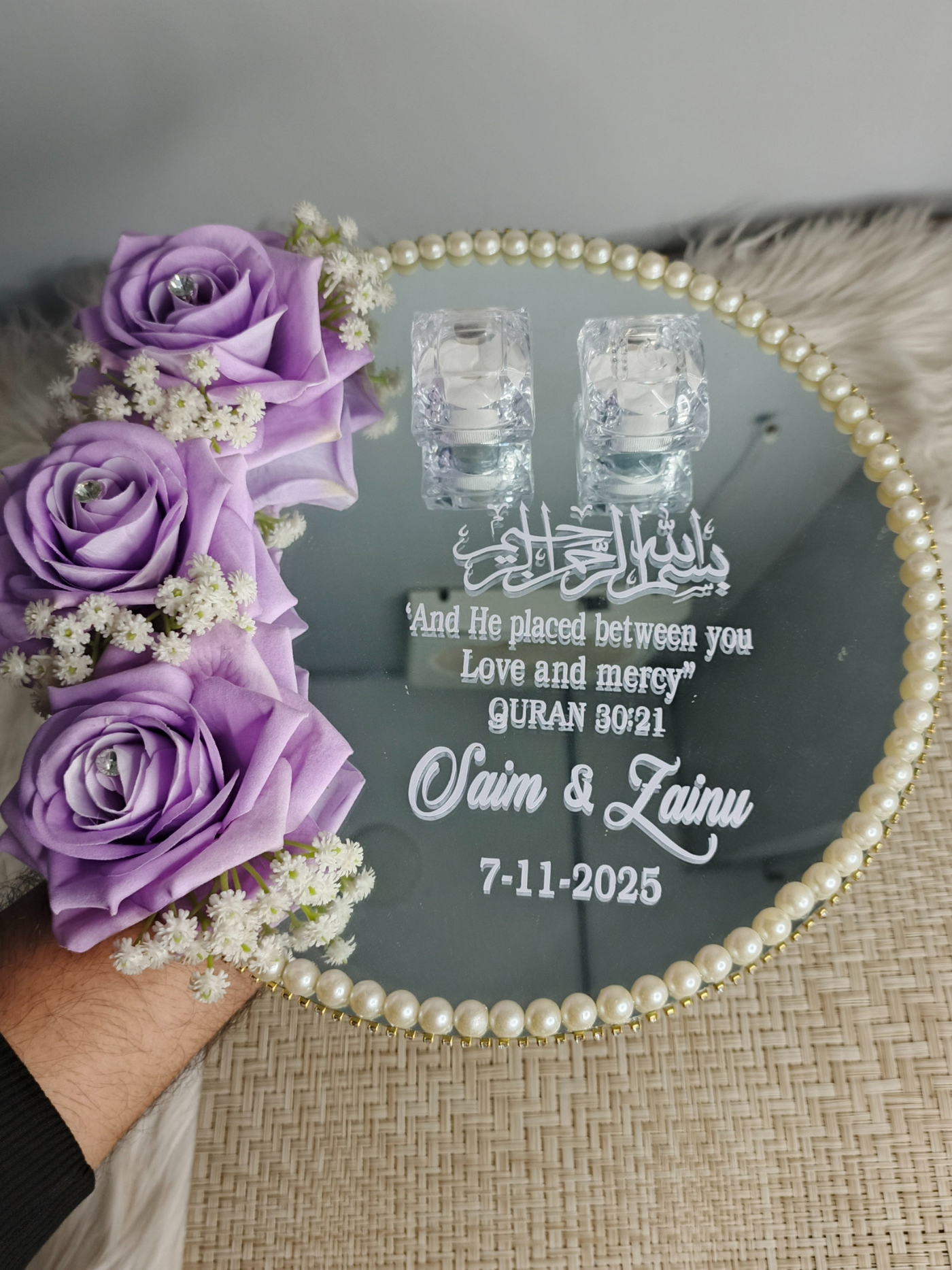 Custom Nikah Ring Tray Purple Flowers 2 Nikkahday.com