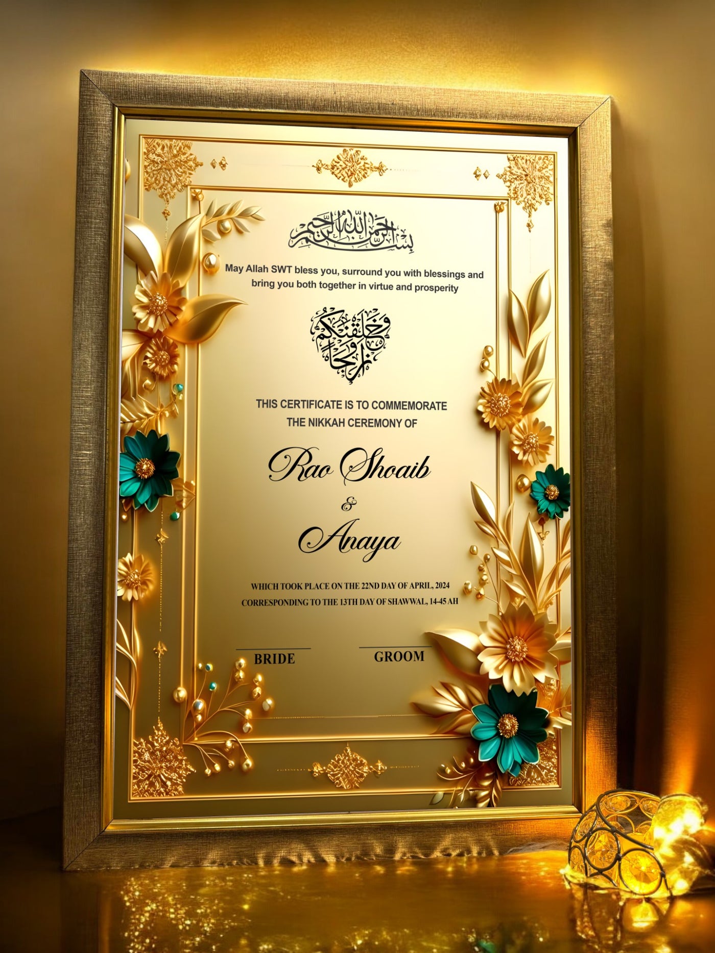 Nikah Frame Golden Flowers Nikah Frame – Luxurious Nikah Nama by Nikkahday – Nikkah Day