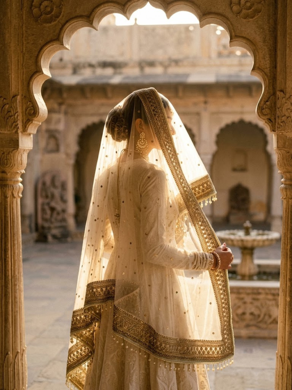 Golden Zari Luxury Off White Bridal Net Dupatta