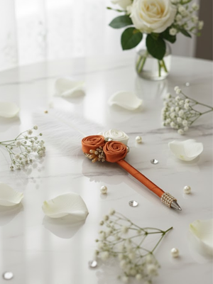Handcrafted Orange and White Flowers Nikah Pen