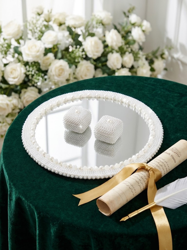 Handcrafted Pearl Embellished Mirror Ring Tray