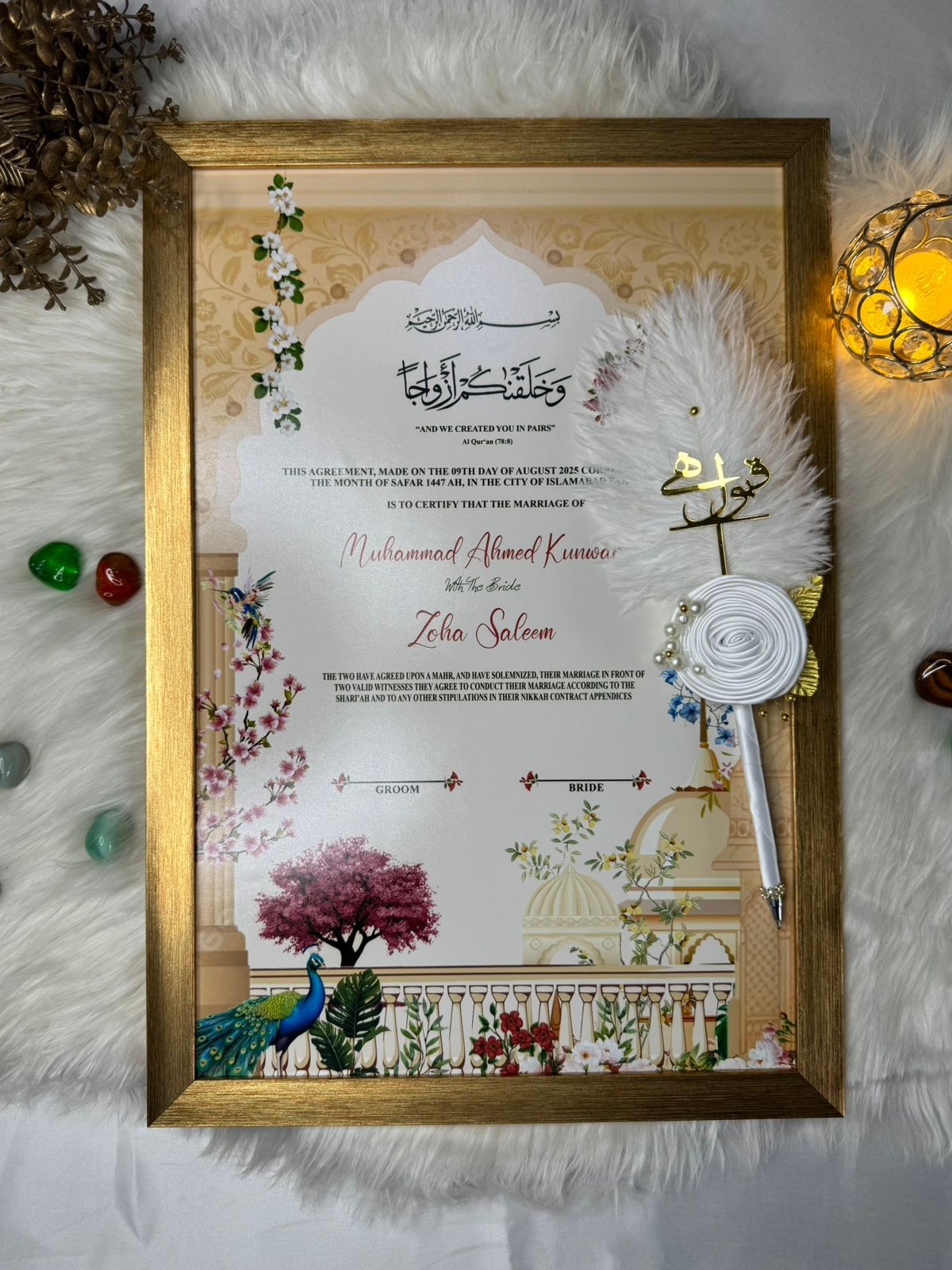 Peacock Love Nikah Frame With Pen – Elegant Golden Design – Nikkah Day
