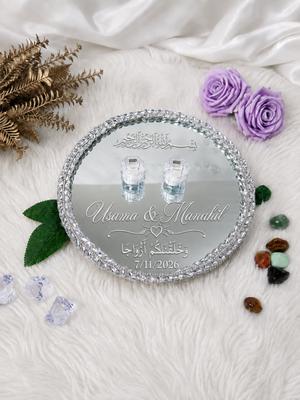 Personalized Silver Crystal Mirror Nikkah Ring Tray