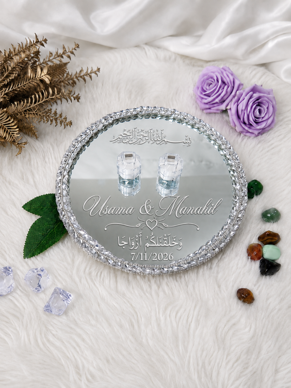Personalized Silver Crystal Mirror Nikkah Ring Tray