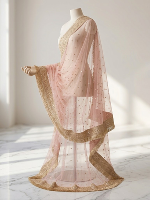 Pink Bridal Net Dupatta with Zari Border