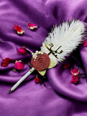 Red Ribbon Flower and Golden petals With Ostrich Fur Pen
