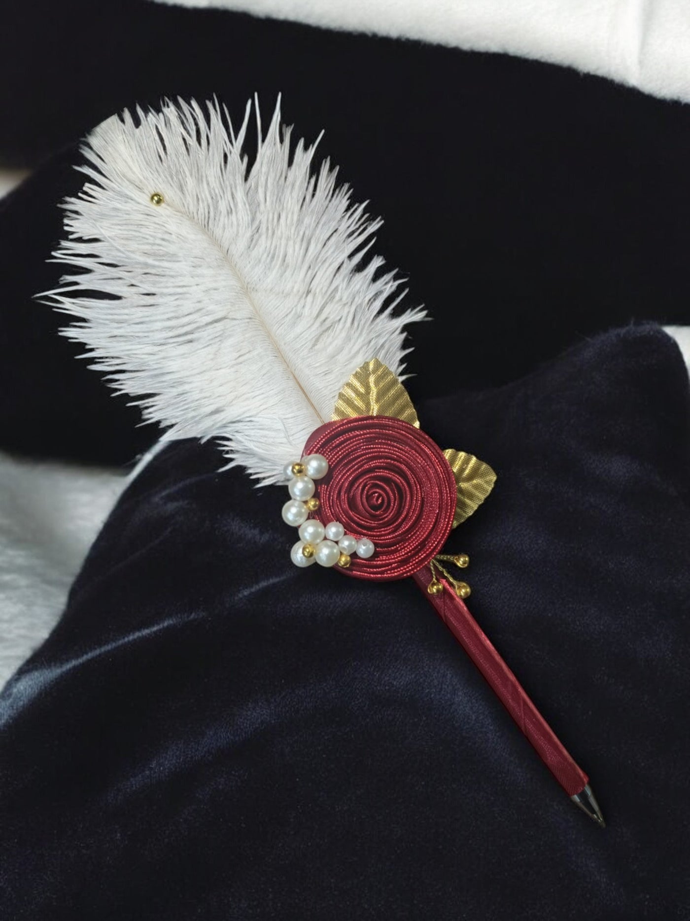 Red Love Flower and Golden petals With Ostrich Fur Pen