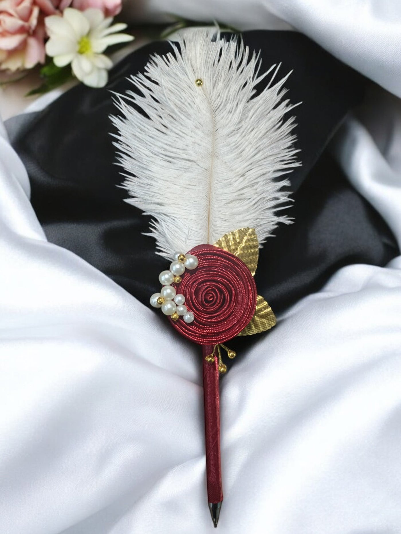 Red Love Flower and Golden petals With Ostrich Fur Pen