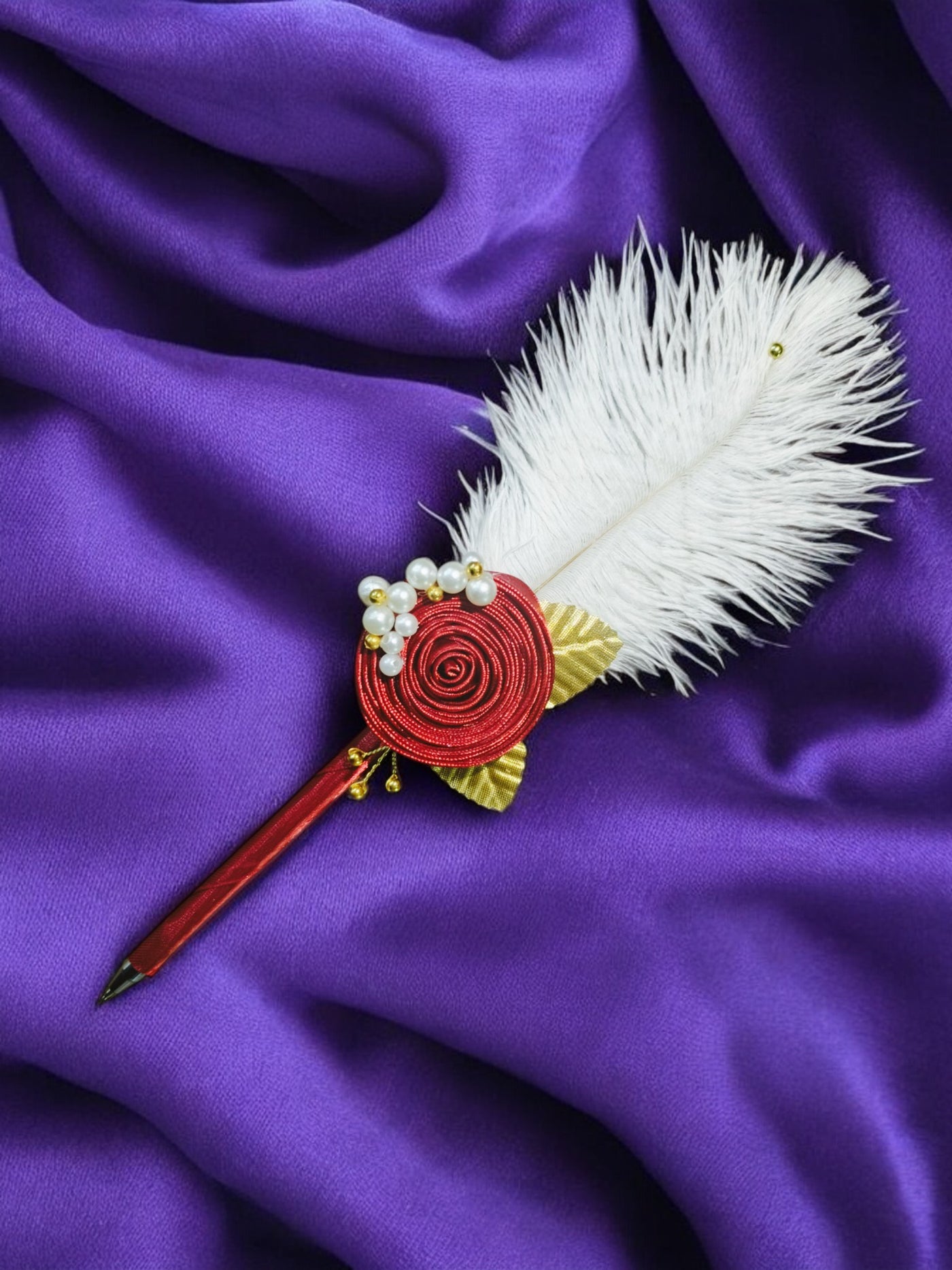 Red Love Flower and Golden petals With Ostrich Fur Pen