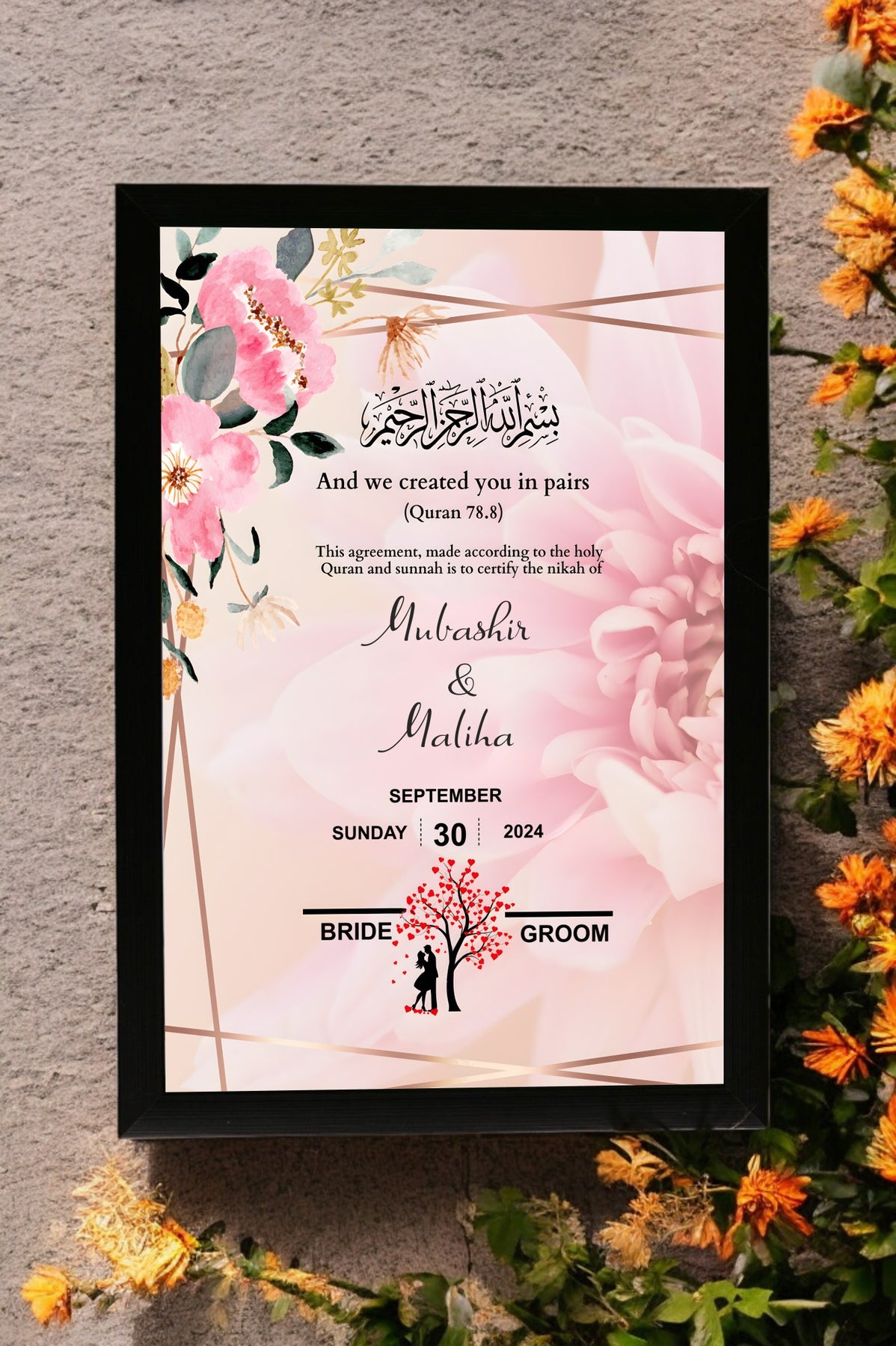 Nikah Frameborder Tree of Love Nikah Frame | Beautiful Personalized Nikah Nama Frame ...