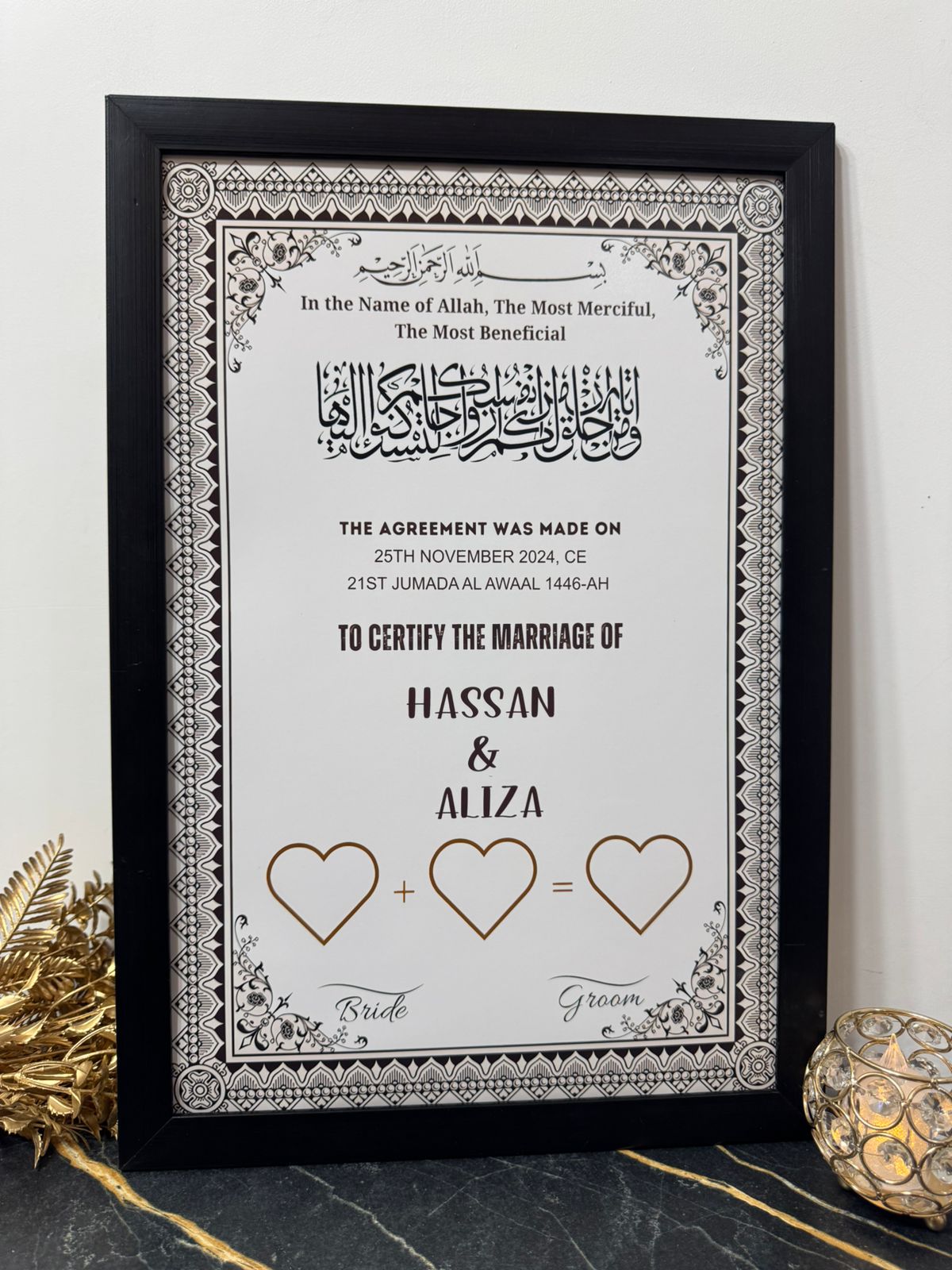 Nikah Design Triple Hearts Premium Nikah Frame with Thumbprint Design – Nikkah Day