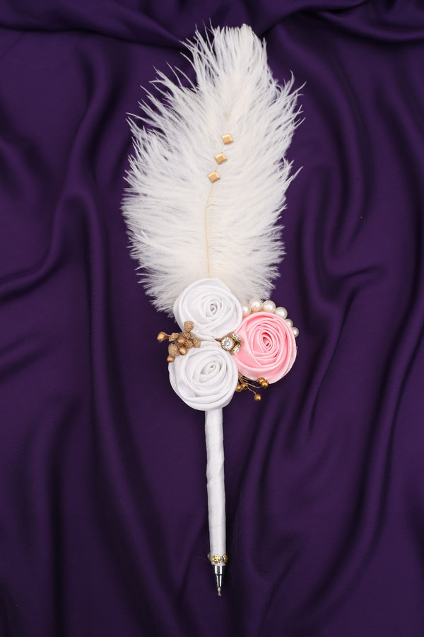 Pink Ribbon Flower With White Ostrich Fur Pen