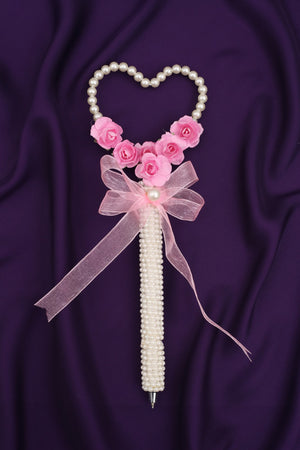 Heart Shaped Pink Flower Pearl work Handmade Nikkah Pen