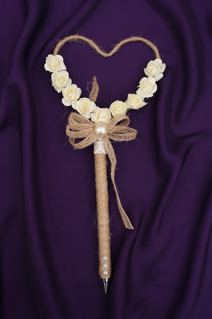 Luxurious Antique Heart Shaped White Tulip Flower With Thread vintage Look Nikkah Pen